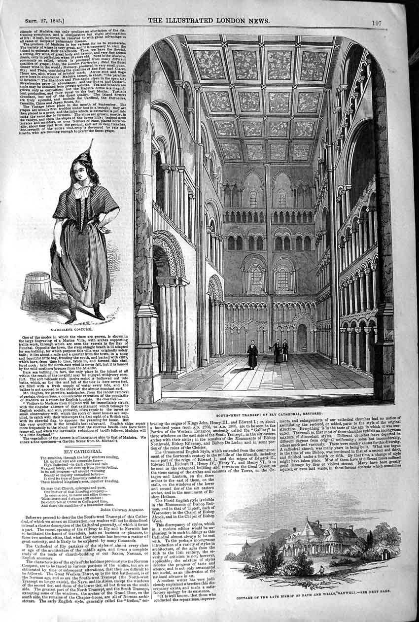 Old Antique Print 1845 Ely Cathedral Madierese Costume Bishop Wells Bath 19th