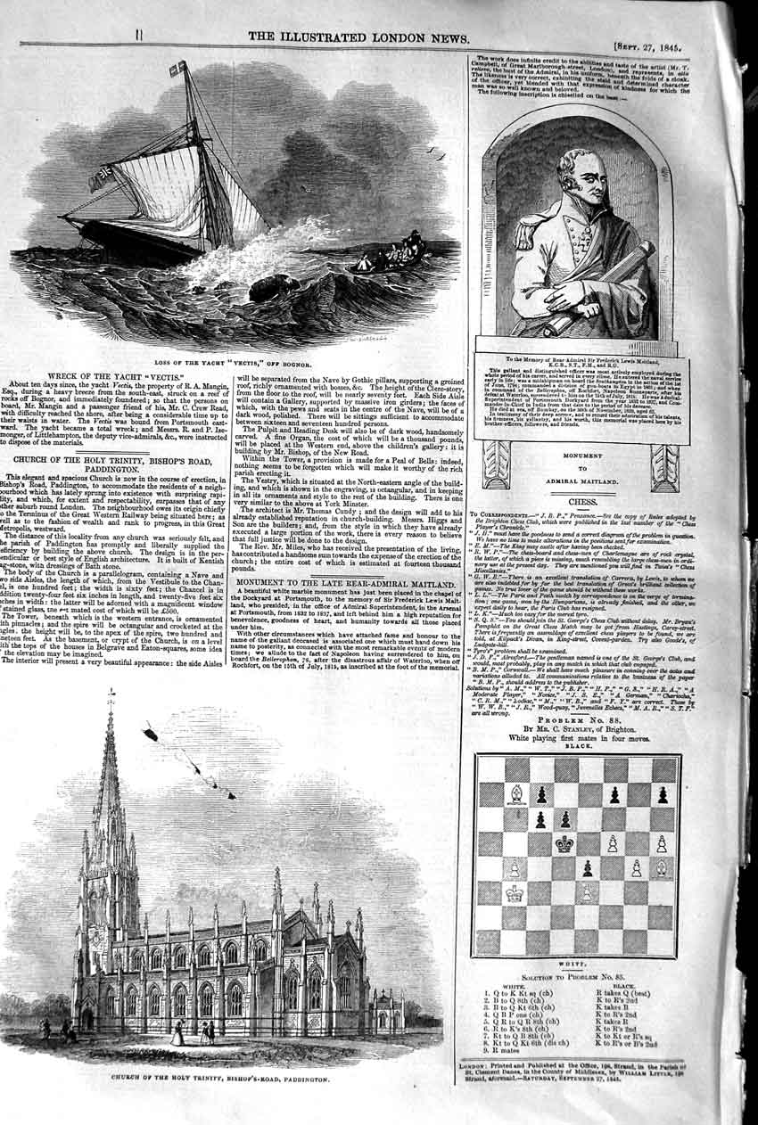 Original Old Antique Print 1845 Church Trinity Paddington Maitland Ship 19th