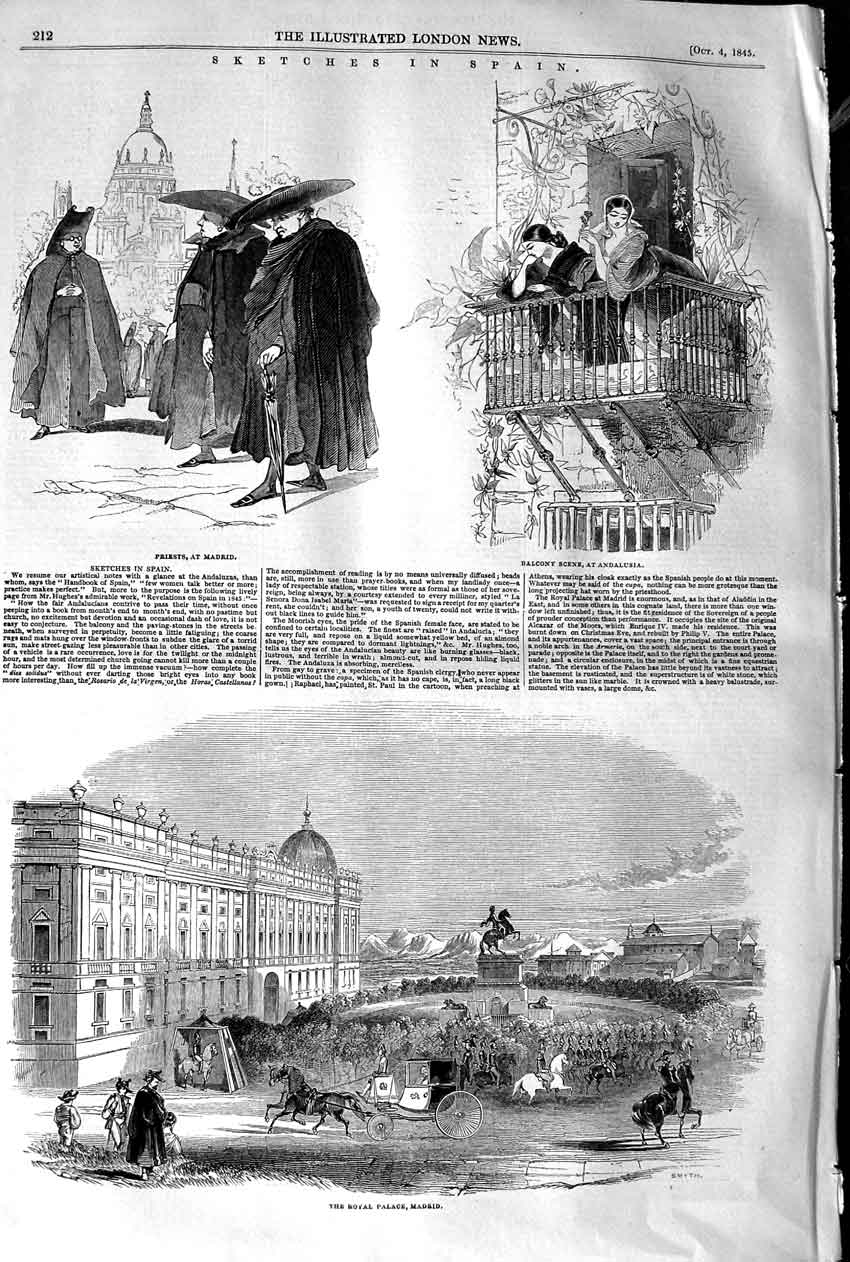 Original Old Antique Print 1845 Spain Priests Madrid Royal Palace Andalusia