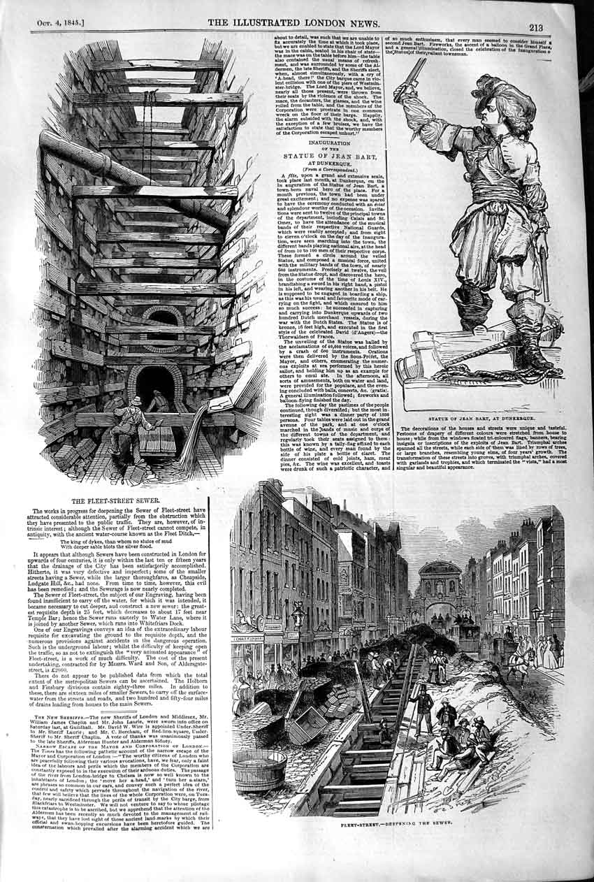 Original Old Antique Print 1845 Statue Jean Bart Dunkerque Fleet Stree Victorian