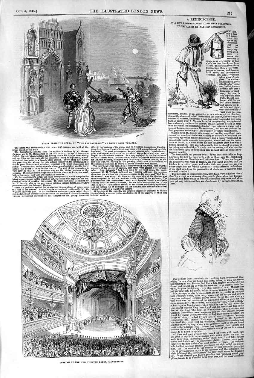Original Old Antique Print 1845 Theatre Royal Manchester Drury Enchantress 19th