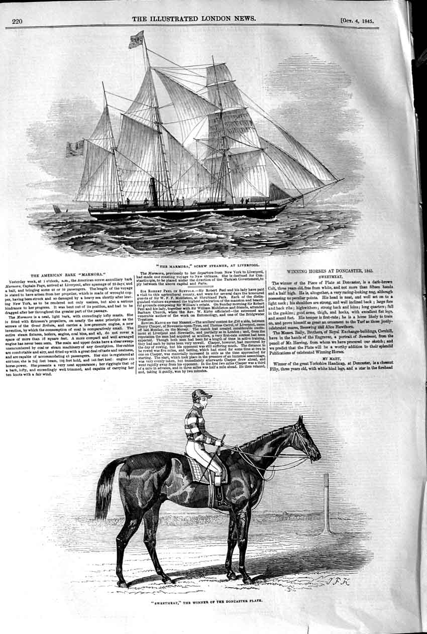 Original Old Antique Print 1845 Marmora Screw Steamer Ship Sweetmeat Horse 19th