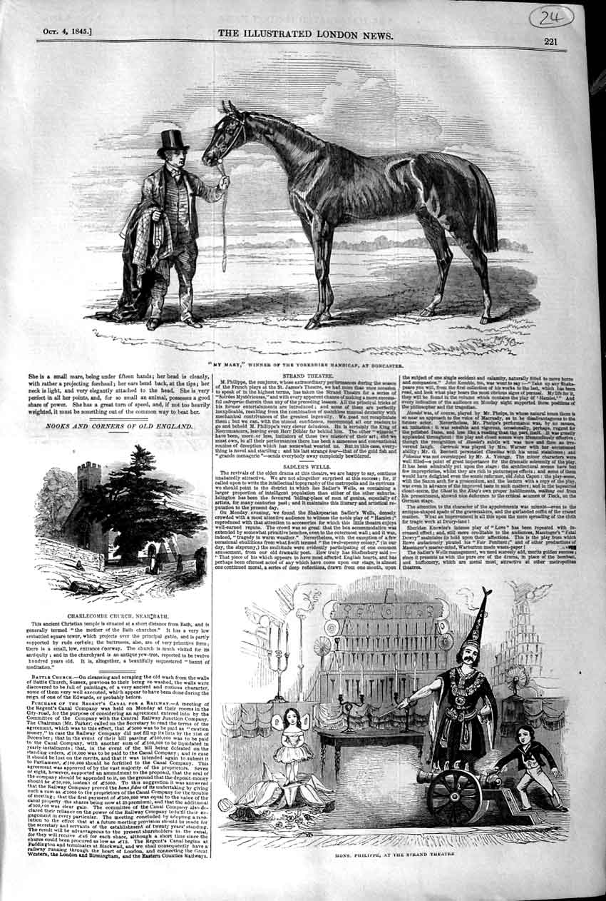Original Old Antique Print 1845 My Mary Horse Doncaster Charlecombe Church 19th
