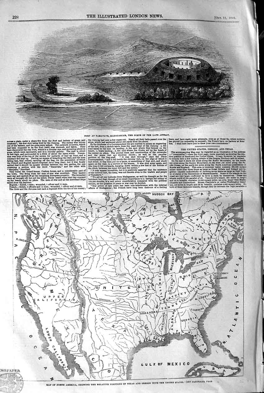 Original Old Antique Print 1845 Tamatave Madagascar Map North Americ Victorian