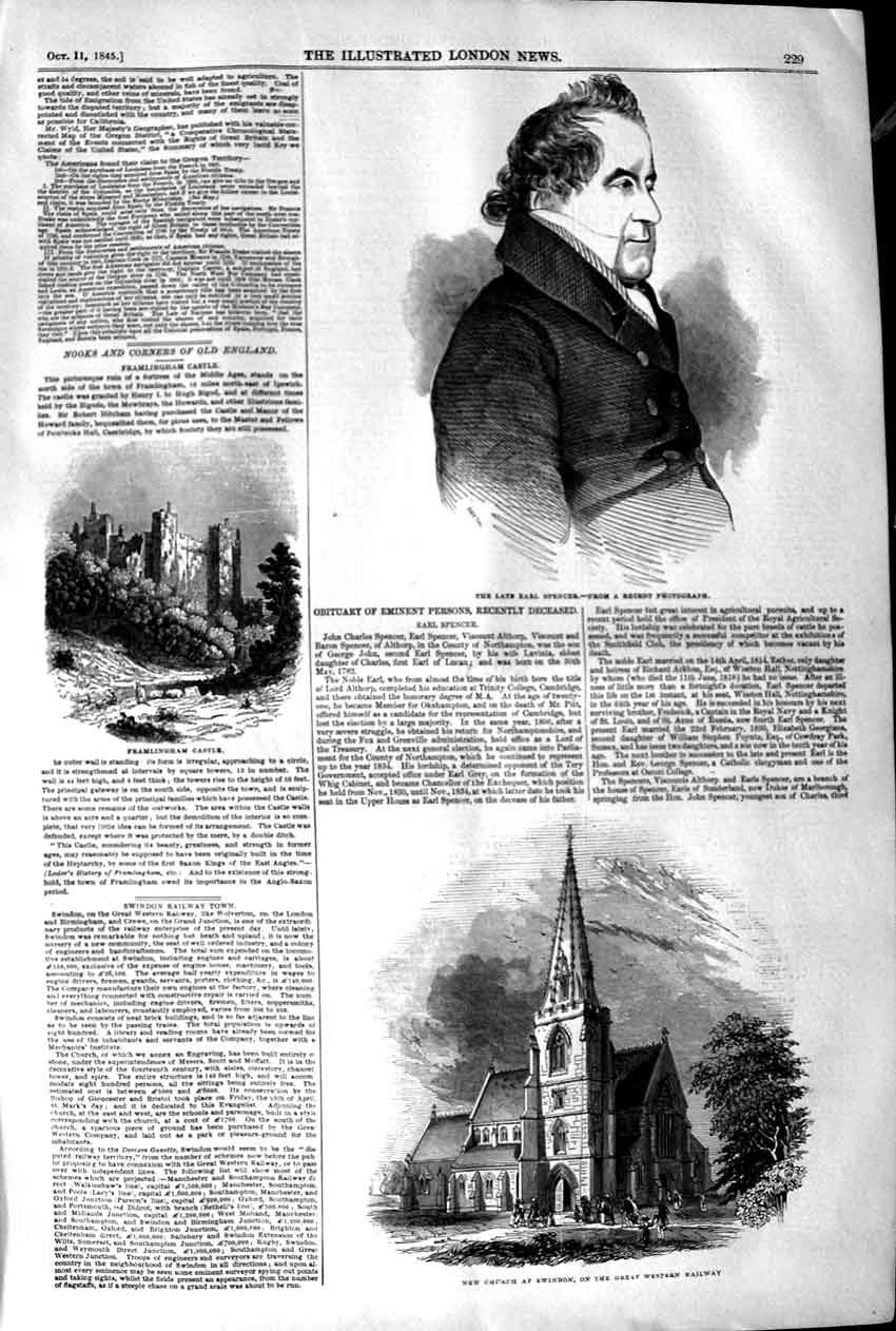 Original Old Antique Print 1845 Earl Spencer Church Swindon Framlingham Castle