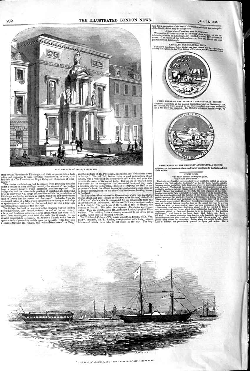 Original Old Antique Print 1845 Physicians Edinburgh Ship ÔøΩclair Medal Keighley