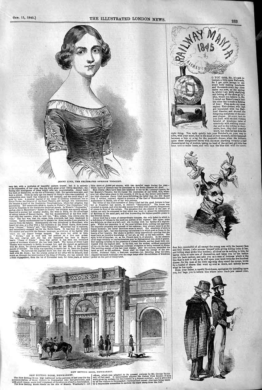 Original Old Antique Print 1845 Jenny Lind Swedish Vocalist Betting Room Ne 19th
