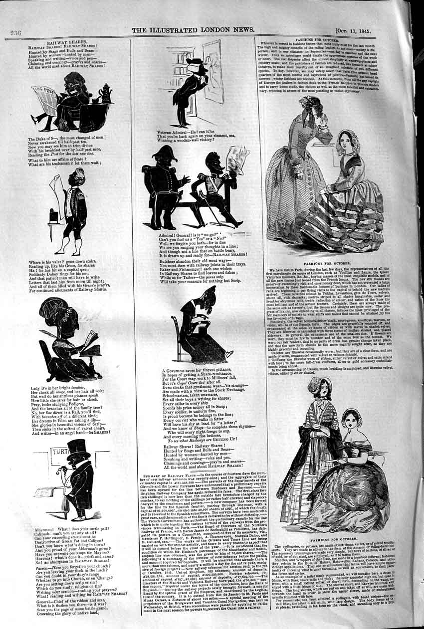 Original Old Antique Print 1845 Railway Shares Cartoons Ladies Fashion Dresses