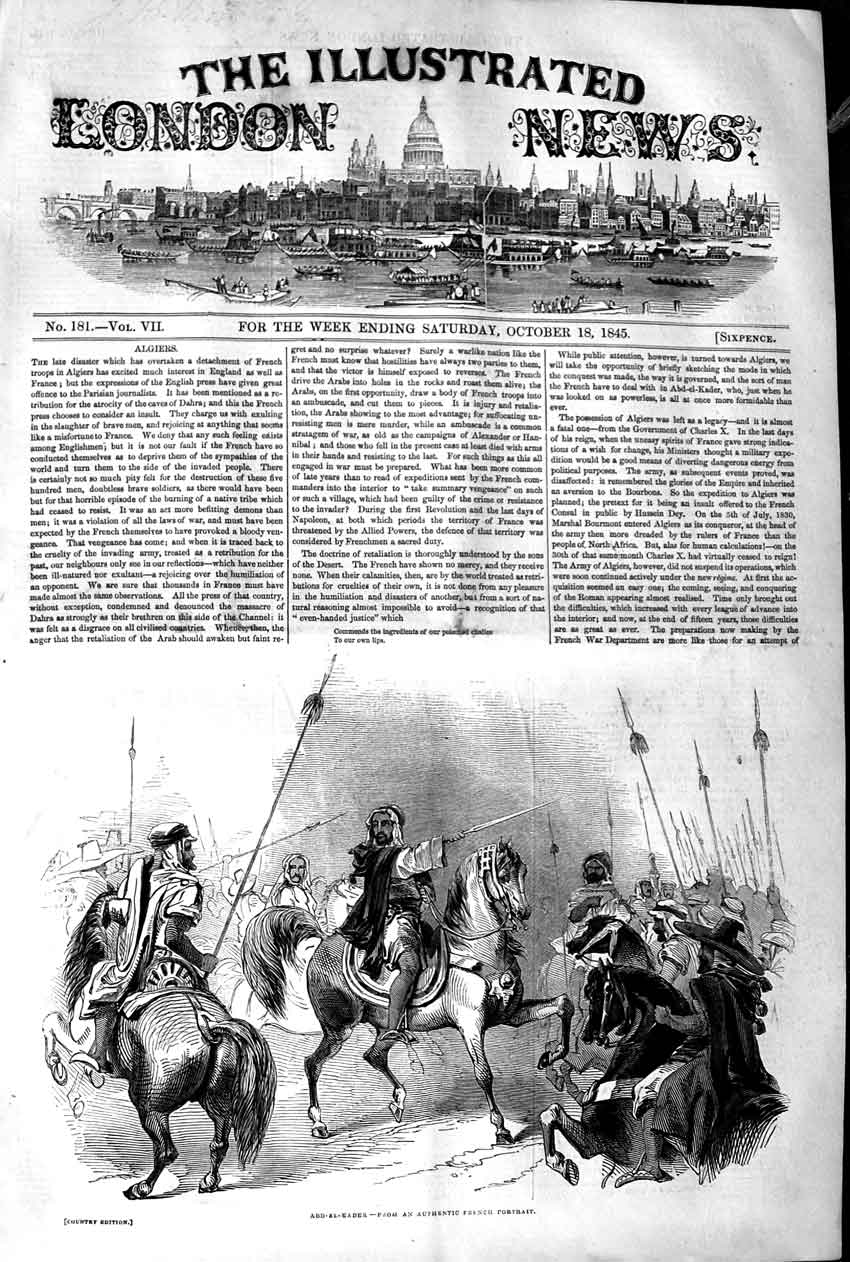 Original Old Antique Print 1845 Abd-El-Kades Warriers Weapons Horses War 19th