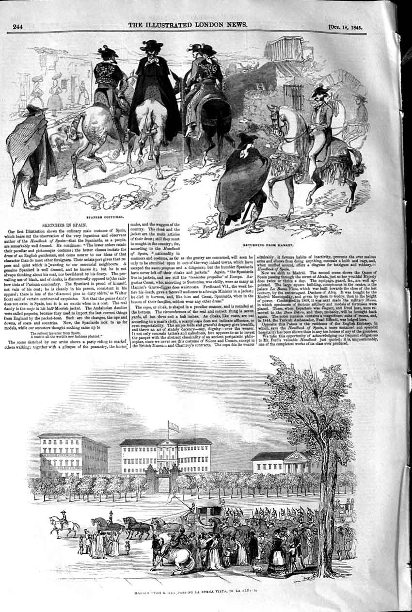 Original Old Antique Print 1845 Spain Madrid Queen Passing Buena Vista Victorian