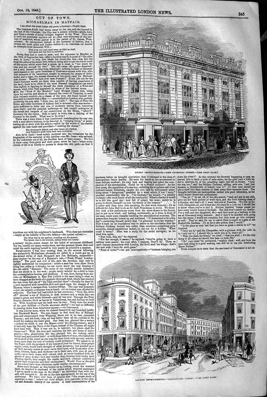 Original Old Antique Print 1845 Coventry Street London Cranbourne Improvements