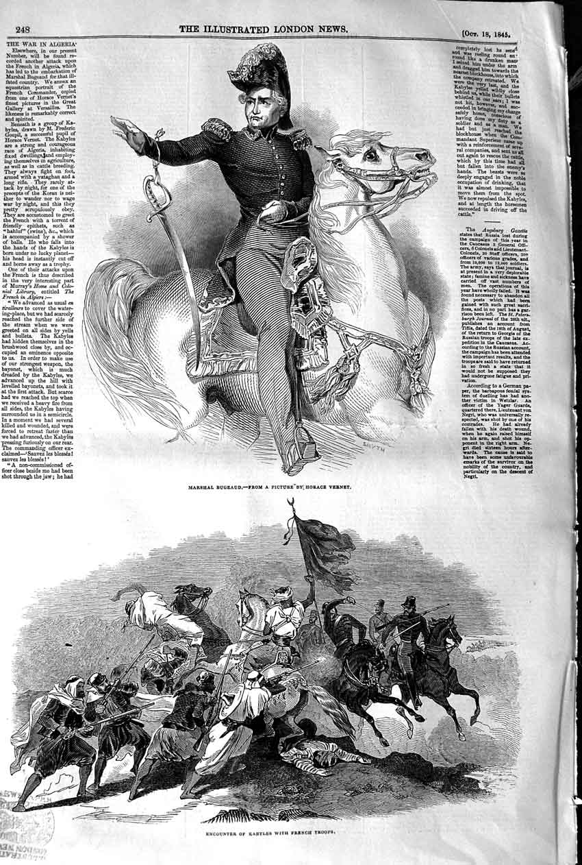 Original Old Antique Print 1845 Marshal Guard Encounter Kabyles French Siers