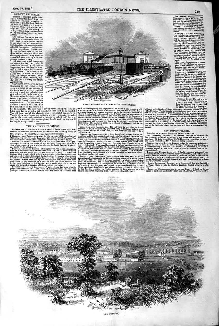 Original Old Antique Print 1845 Great Western Railway Swindon Statio Victorian