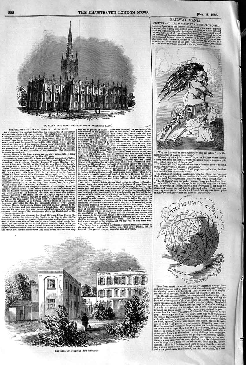 Old Antique Print 1845 German Hospital Grounds Paul'S Cathedral Calcutta 19th