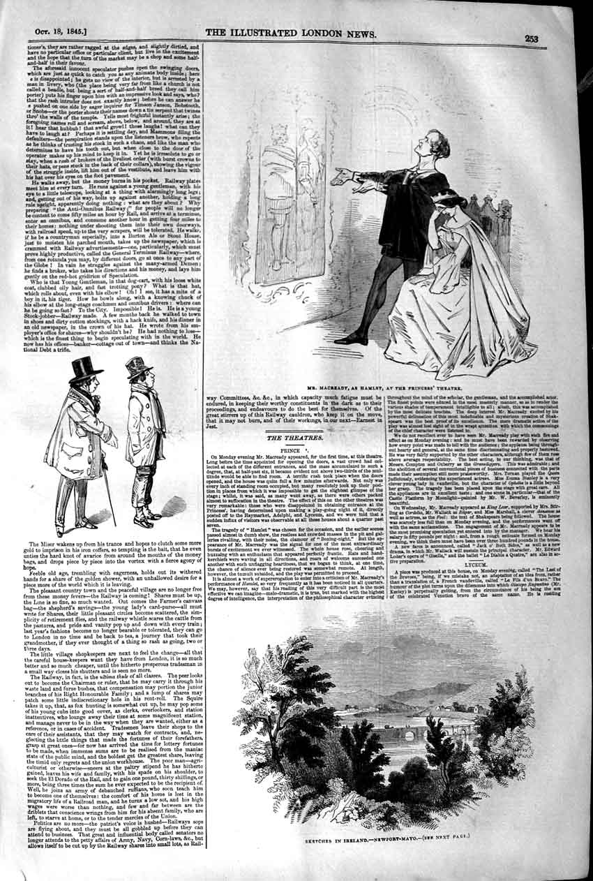 Original Old Antique Print 1845 Newport-Mayo Ireland Macready Princess Theatre