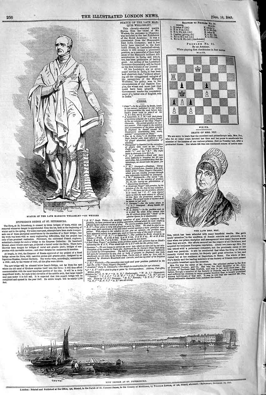 Old Antique Print 1845 Satue Marquis Wellesley Mrs. Fry Bridge Petersburg 19th