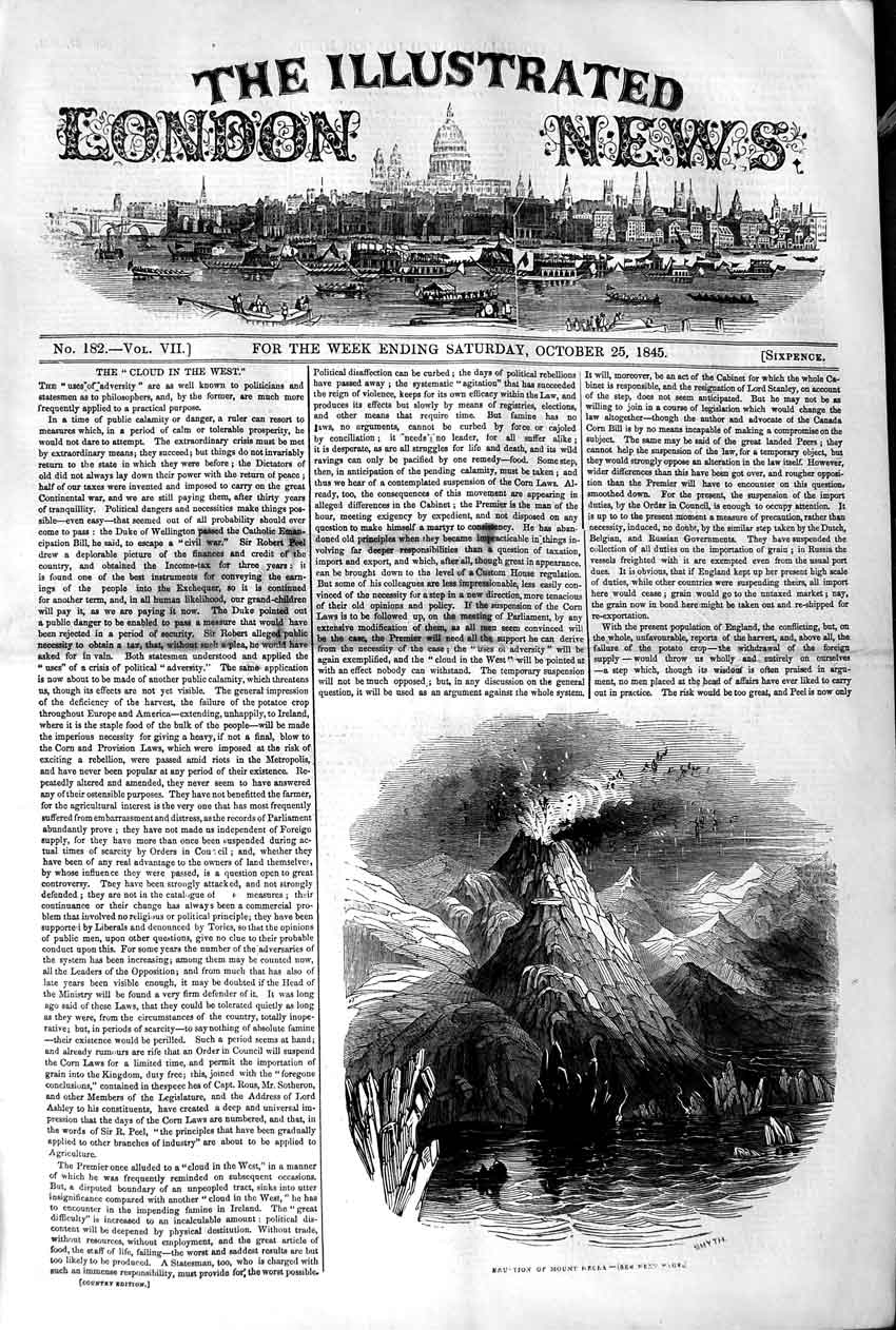 Original Old Antique Print 1845 Eruption Mount Hecla Volcano Mountains 19th
