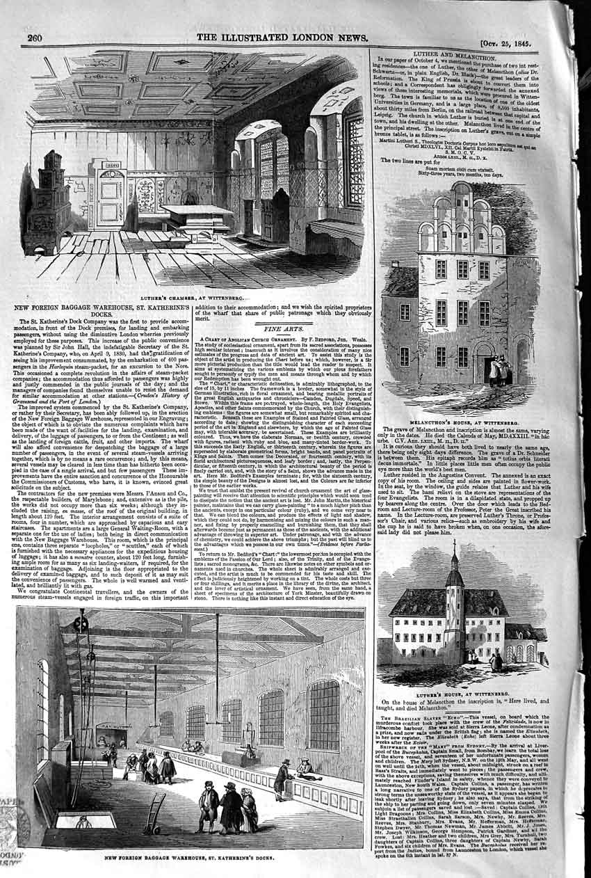 Original Old Antique Print 1845 Katherine'S Docks Luther Wittenberg Melancthon