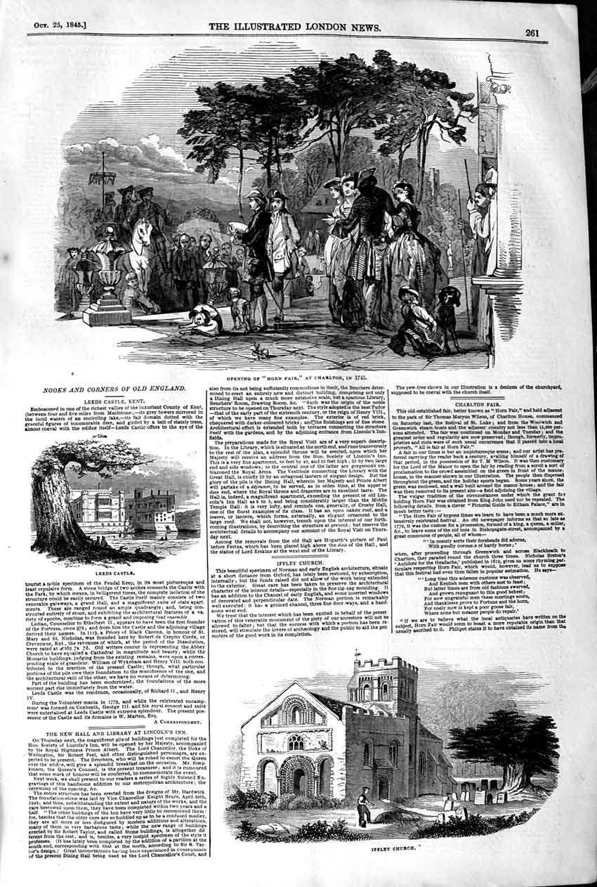 Original Old Antique Print 1845 Horn Fair Charlton Iffley Church Leeds Victorian