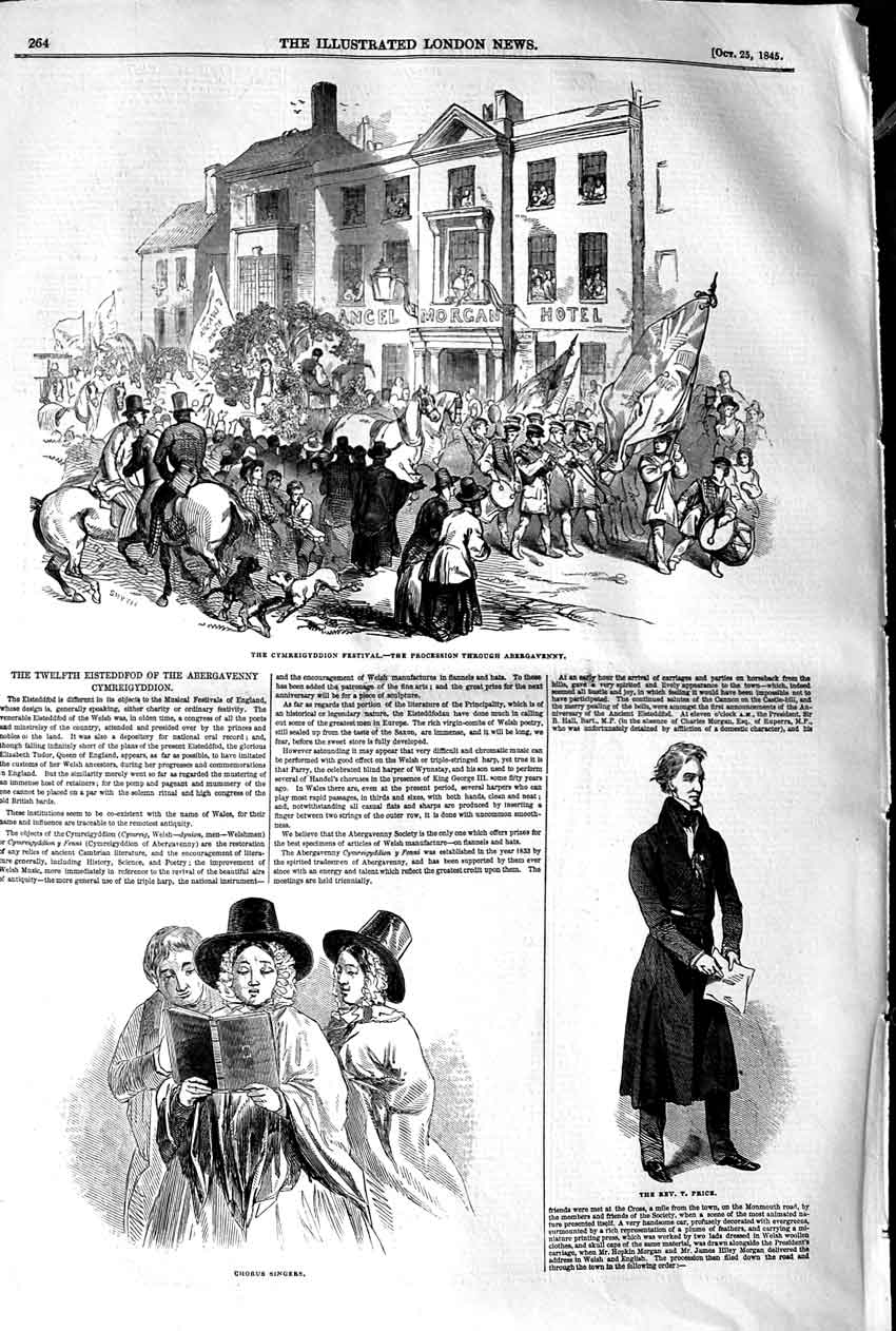 Old Antique Print 1845 Cymreigyddion Festival Abergavenny Price Harpers 19th