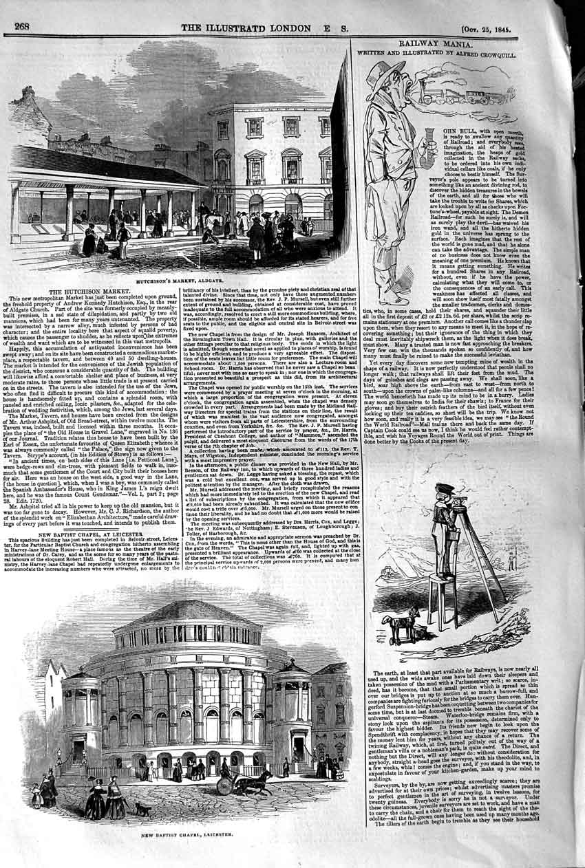 Old Antique Print 1845 Baptist Chapel Leicester Hutchison Market Aldgate 19th