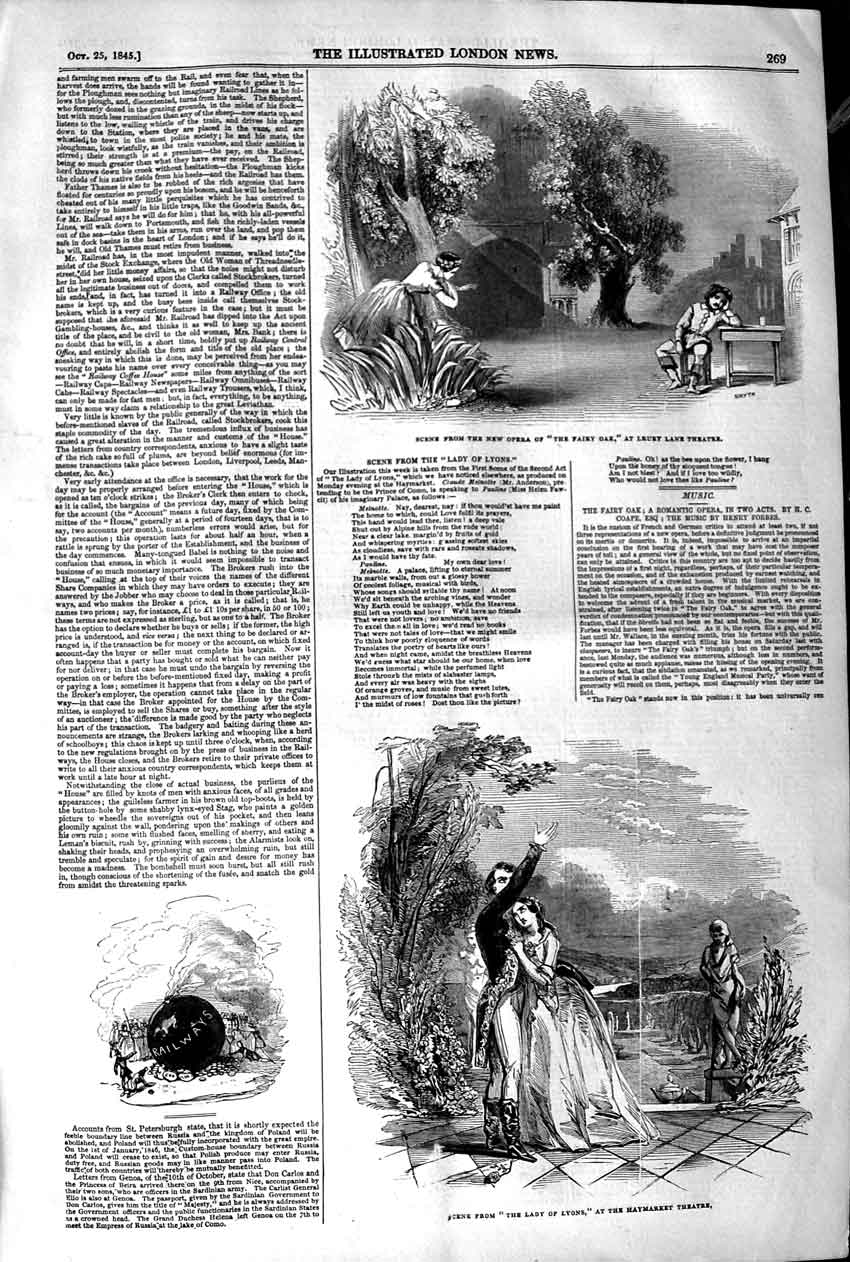 Old Antique Print 1845 Drury Lane Theatre Haymarket Lady Lyons Fairy Oak 19th