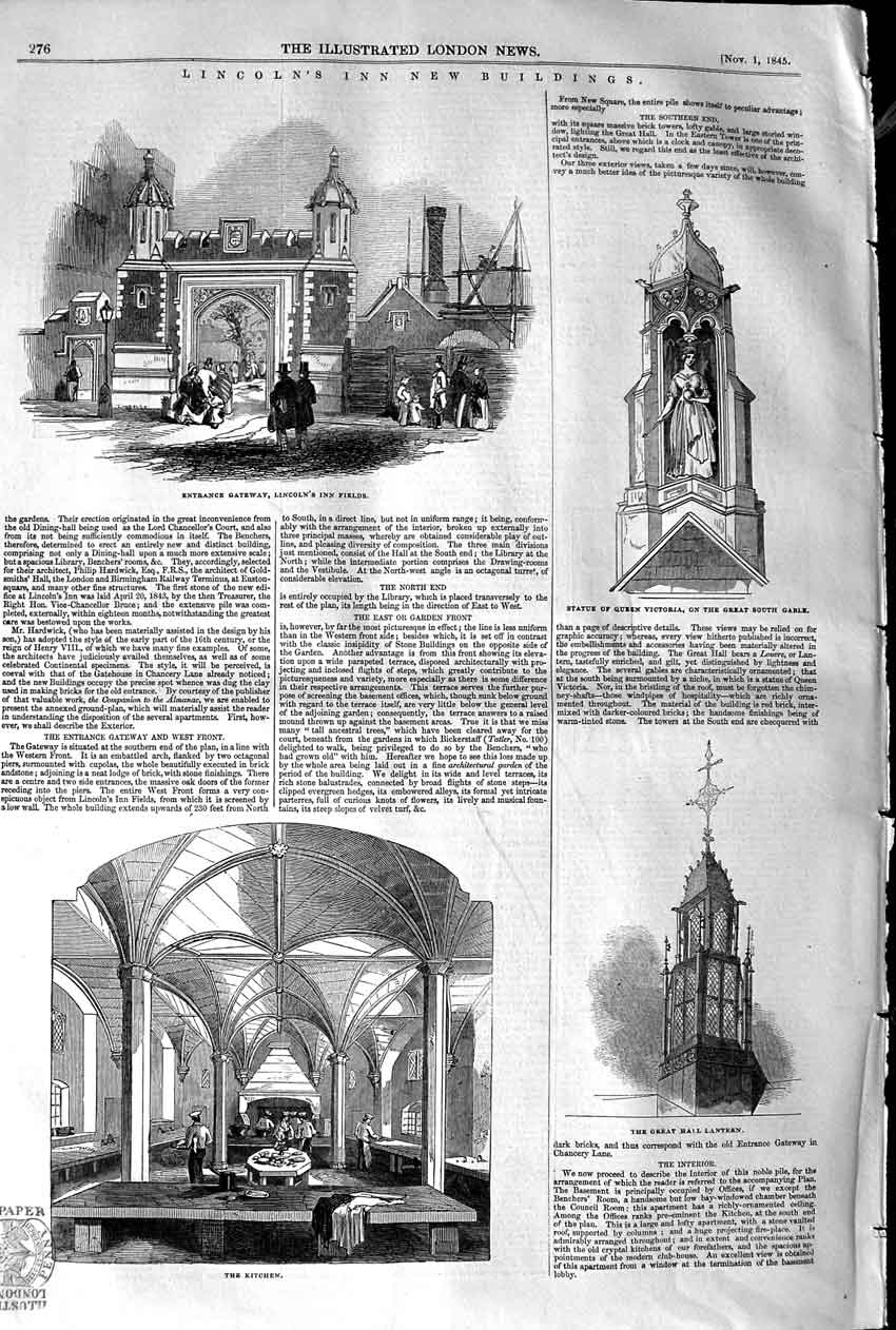 Original Old Antique Print 1845 Lincoln'S Inn Kitchen Statue Queen Victor 19th