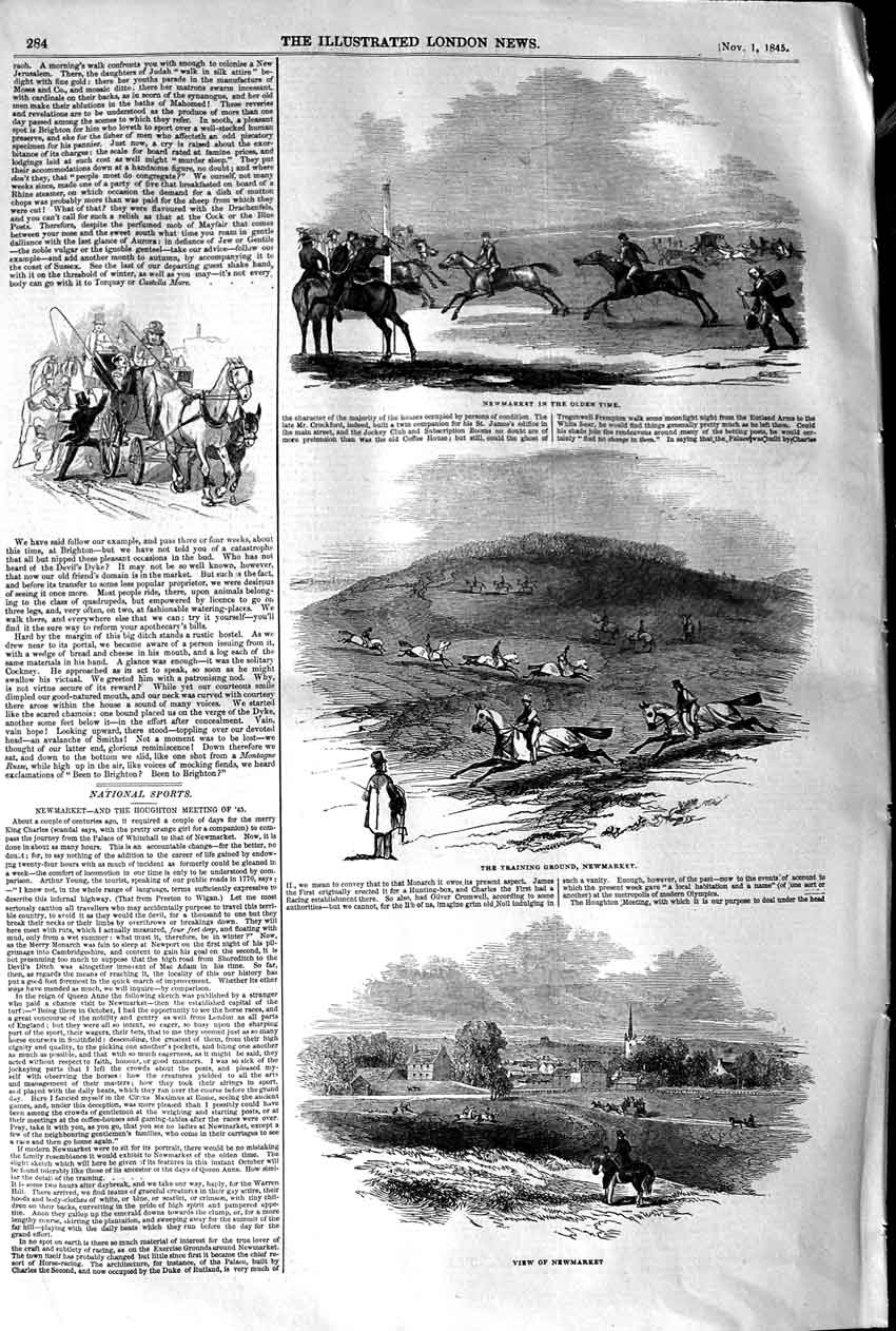 Original Old Antique Print 1845 Newmarket Horse Racing Sport Training Ground