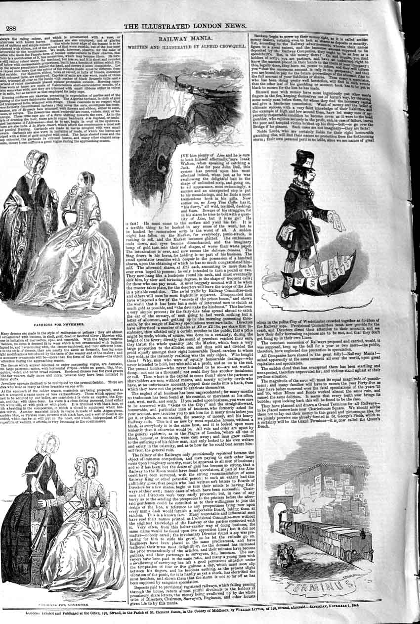 Original Old Antique Print 1845 Railway Mania Train Terminus Ladies Fashion