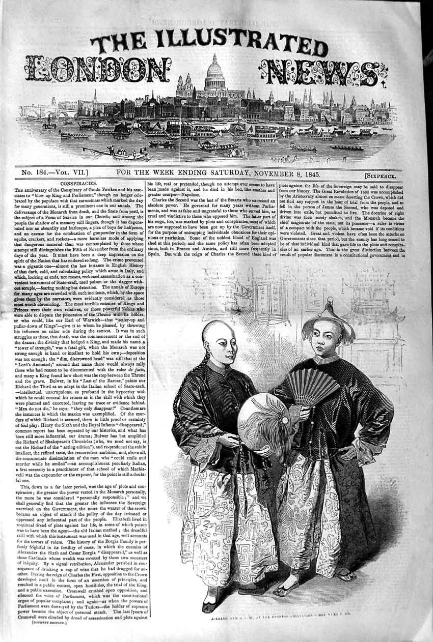 Original Old Antique Print 1845 Chinese People Costumes Fan 19th