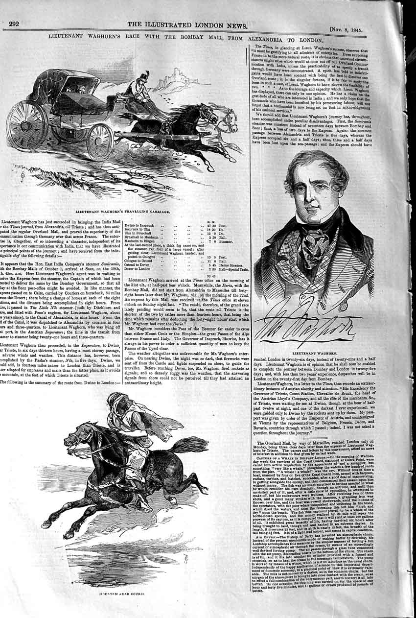 Original Old Antique Print 1845 Lieutenant Waghorn Travelling Carria Victorian
