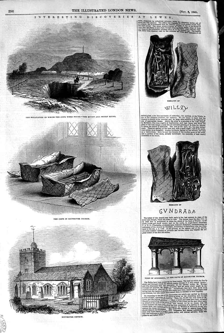 Original Old Antique Print 1845 Excavation Lewes Southover Church Prior 19th