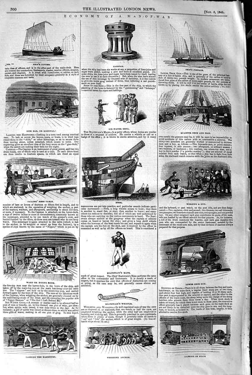 Old Antique Print 1845 Man-Of-War Ship Hospital Cutter Boatswain Whistle 19th