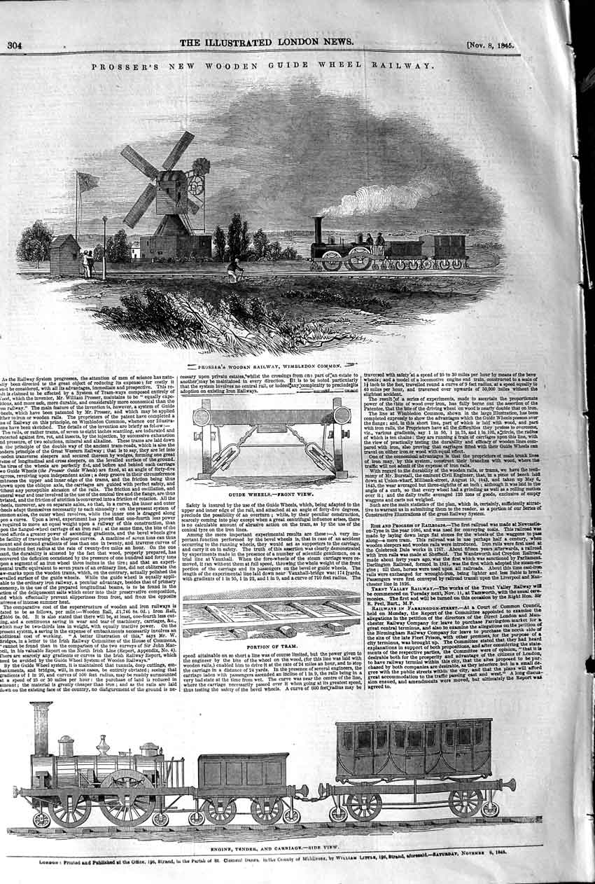 Original Old Antique Print 1845 Prosser New Wooden Guide Wheel Railway Engine