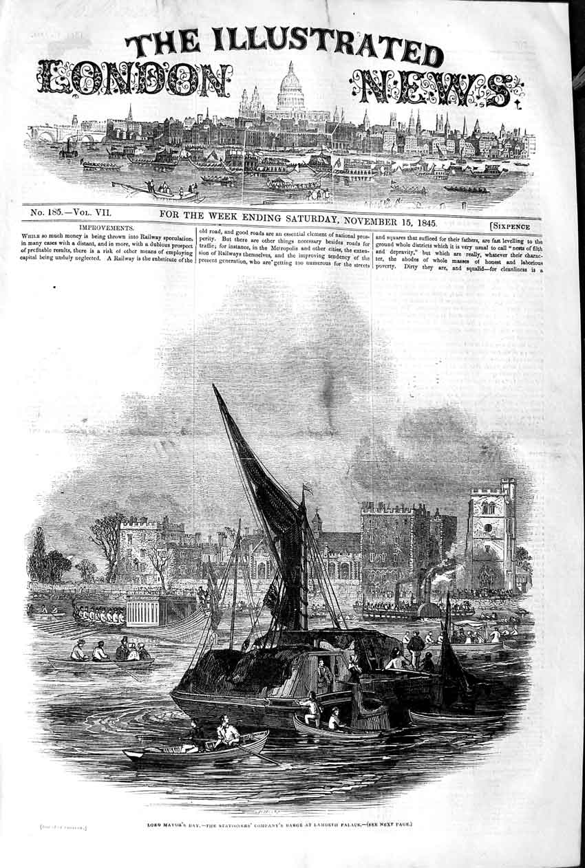 Antique Old Print *3155 1845 Lord Mayor'S Day Stationers Barge Lambeth Palace