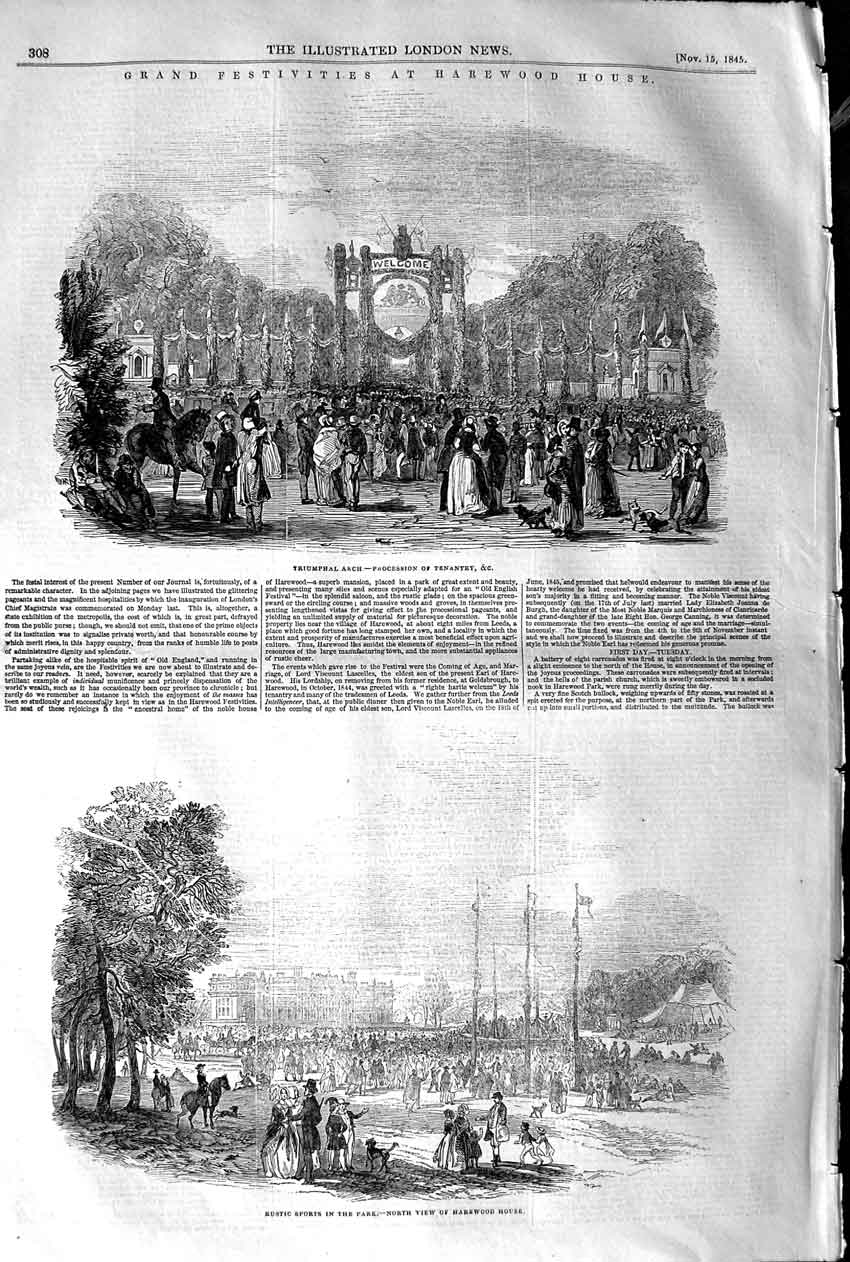 Original Old Antique Print 1845 Harewood House Triumphal Arch Sport Wheat Croft