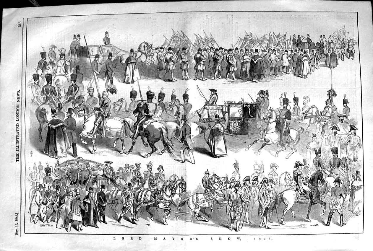 Original Old Antique Print 1845 Lord Mayors Show New Pier Blackfriars Bridge