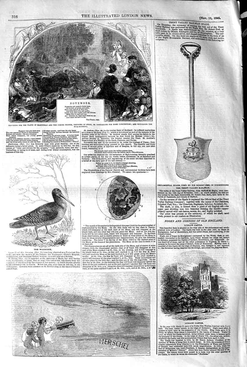 Old Antique Print 1845 Ludlow Castle Woodcock Spade Robert Peel Railway 19th
