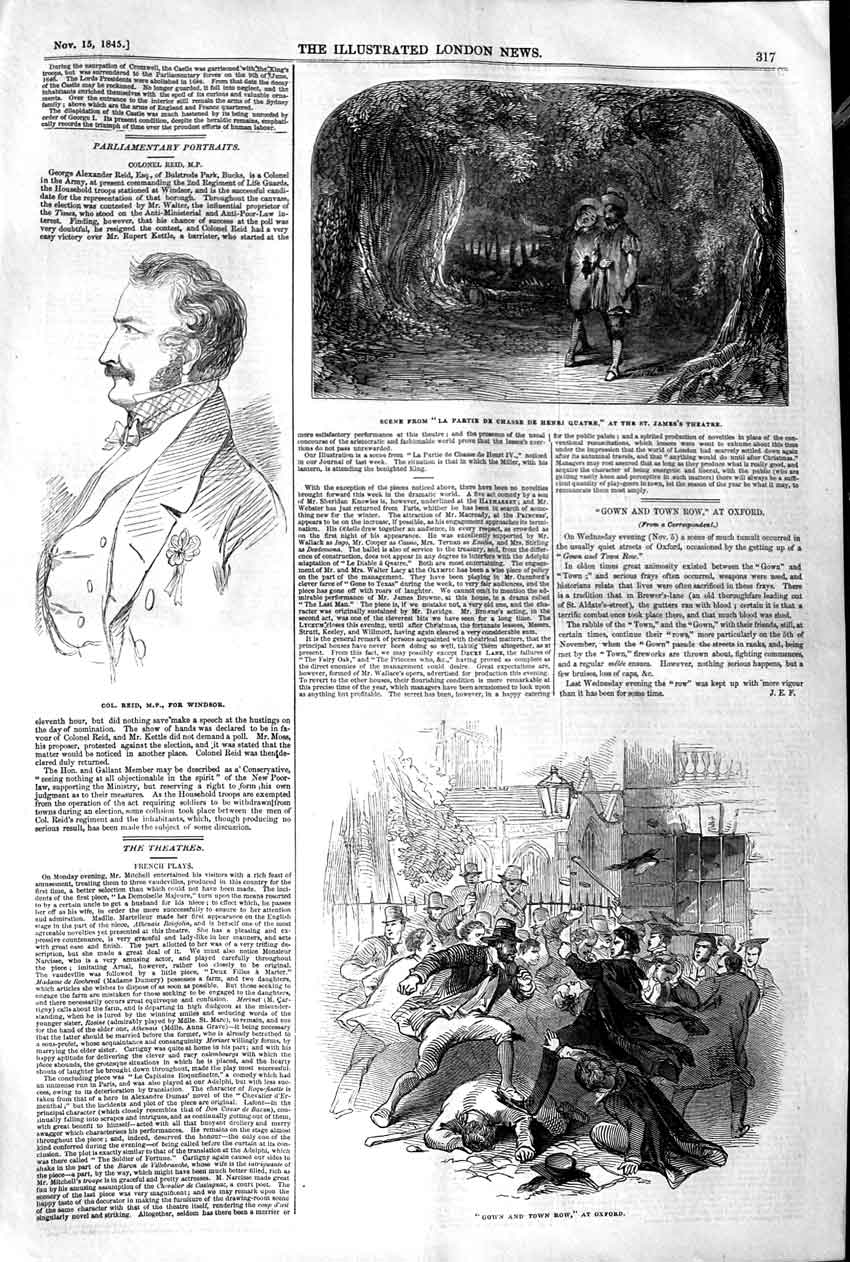 Old Antique Print 1845 Col.Reis M.P Windsor James'S Theatre Oxford Fight 19th