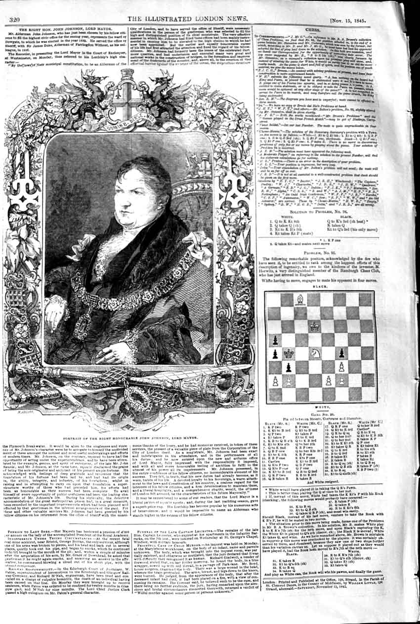 Old Antique Print 1845 Portrait Right Honourable John Johnson Lord Mayor 19th