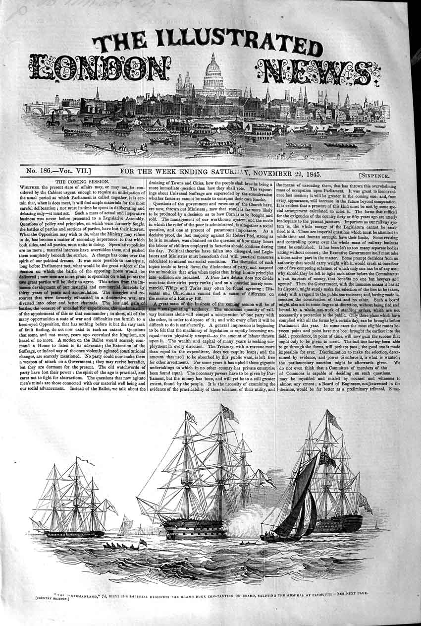 Original Old Antique Print 1845 Ingermanland Ship Duke Constantine Plymouth