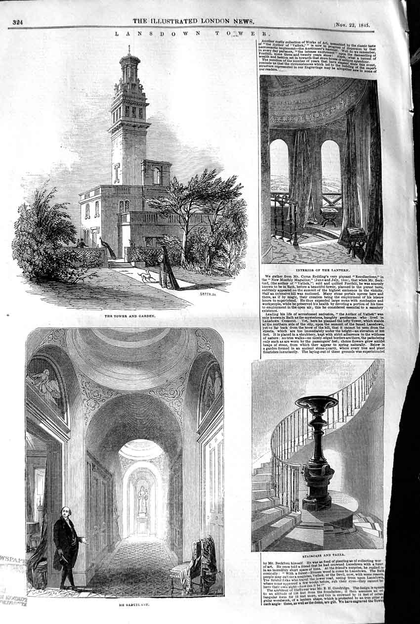 Original Old Antique Print 1845 Lansdown Tower Garden Tazza Vestibule Victorian
