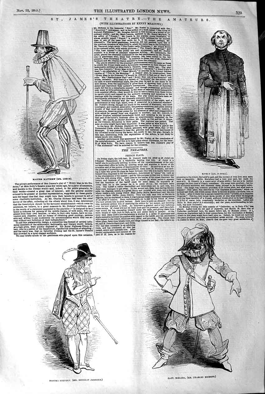 Original Old Antique Print 1845 James'S Theatre JerrMatthew Charles Victorian