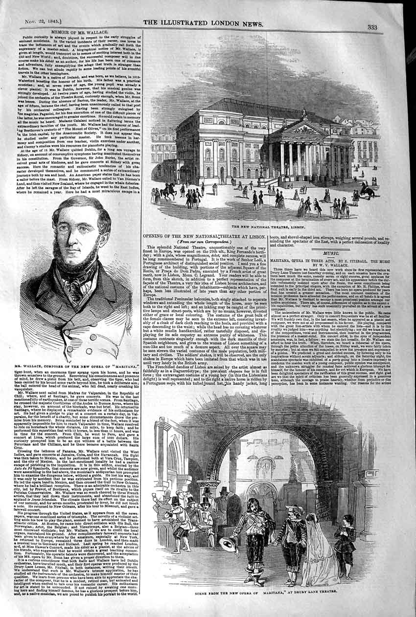 Original Old Antique Print 1845 Wallace Composer Opera Maritana Theatre 19th