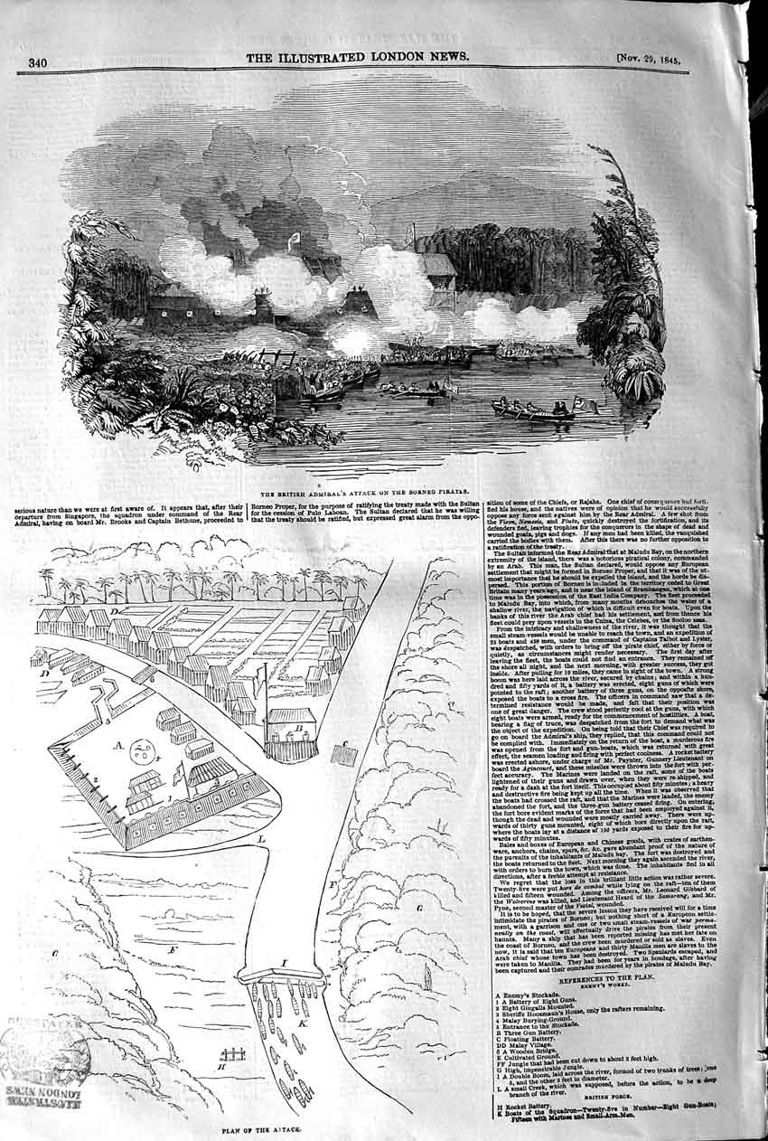 Original Old Antique Print 1845 British Admiral Attack Borneo Pirates P 19th