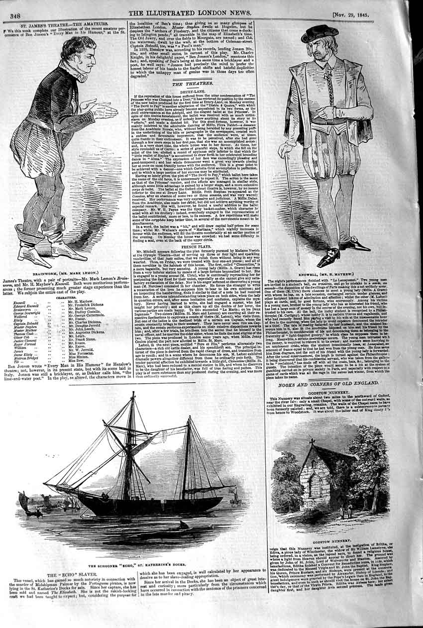 Original Old Antique Print 1845 Schooner Echo Ship Katherine'S Theatre Nunnery