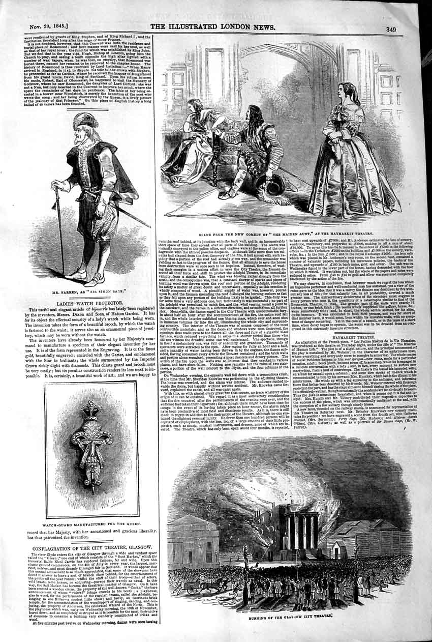 Old Antique Print 1845 Fire Glasgow City Theatre Haymarket Farren Watch 19th