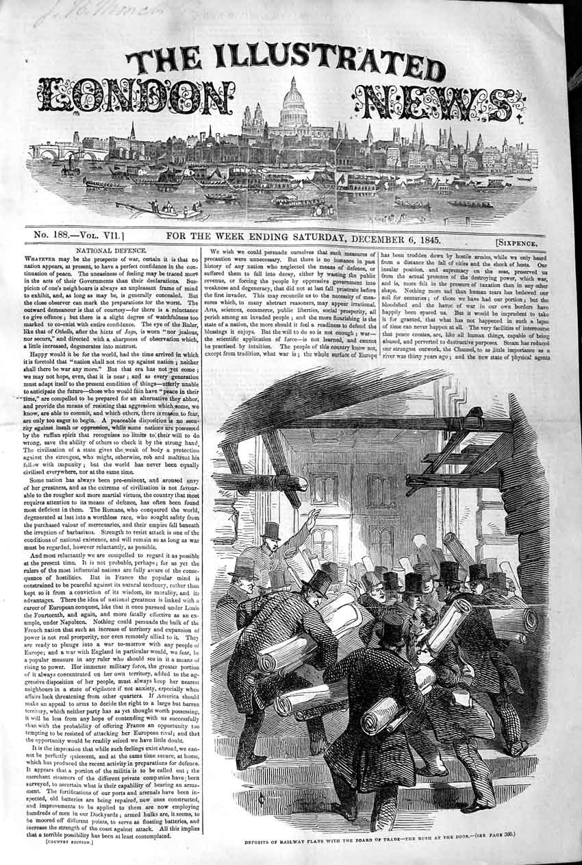 Old Antique Print 1845 Deposits Railway Plans Board Trade Men Rush Door 19th