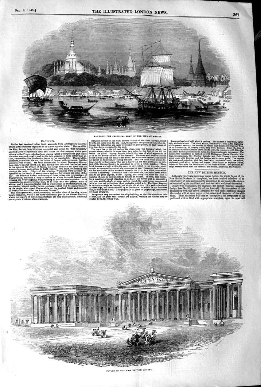 Old Antique Print 1845 Rangoon Port Birman Empire British Museum Exterior 19th