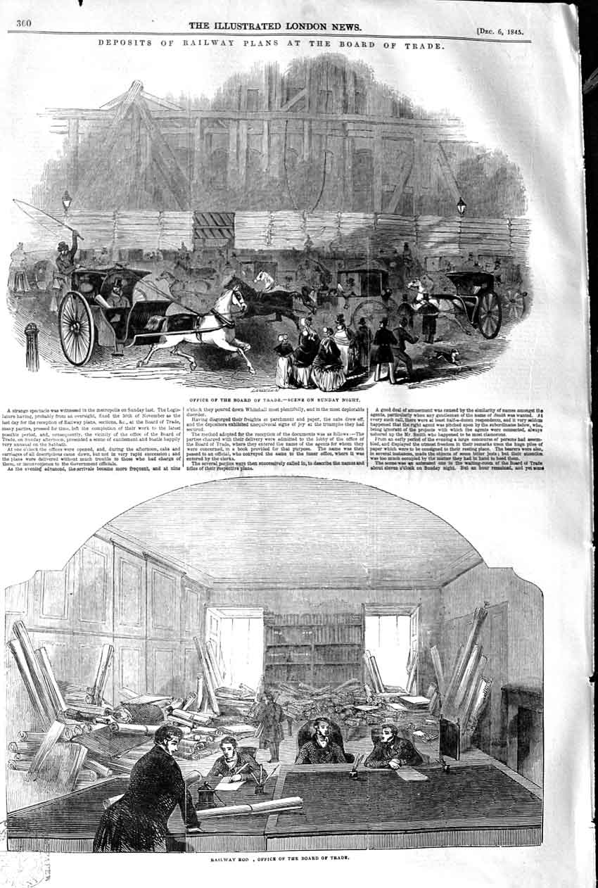 Original Old Antique Print 1845 Railway Board Trade Offices Train Victorian